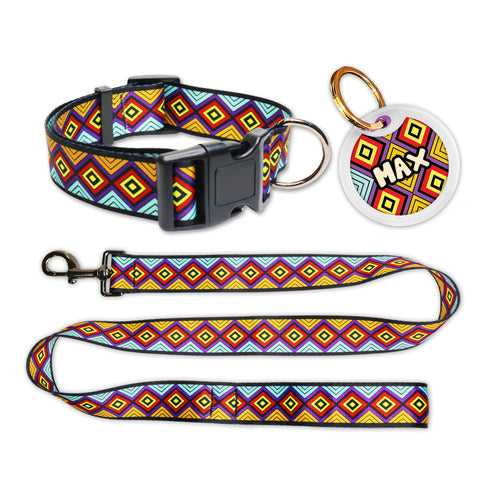 Pawsindia Aztec Collar, Leash and Customized Name Tag Combo