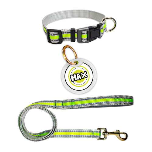 Pawsindia Green Reflective Collar, Leash and Customized Name Tag Combo