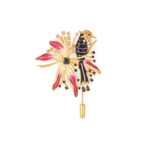 Bird and a flower brooch - Gold