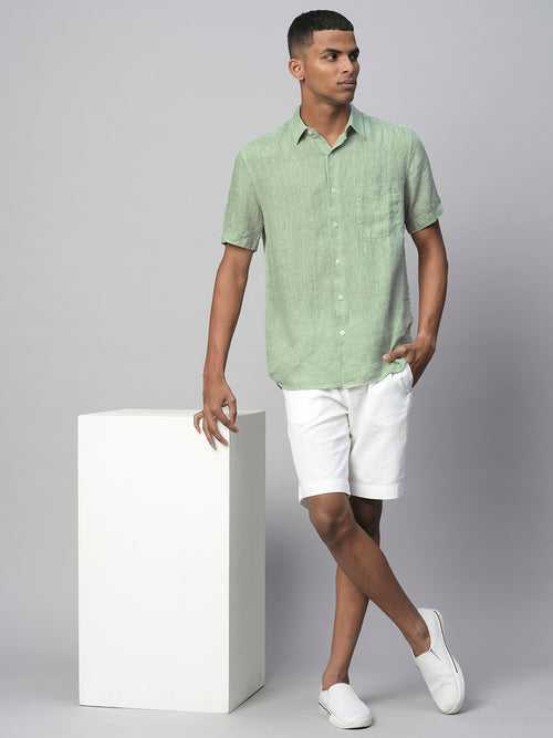 Men's Pista Green 100% Linen Regular Fit Short Sleeved Shirt