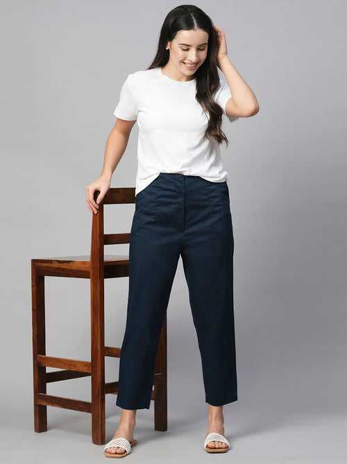 Women's Navy Cotton Elastane Slim Fit Pant