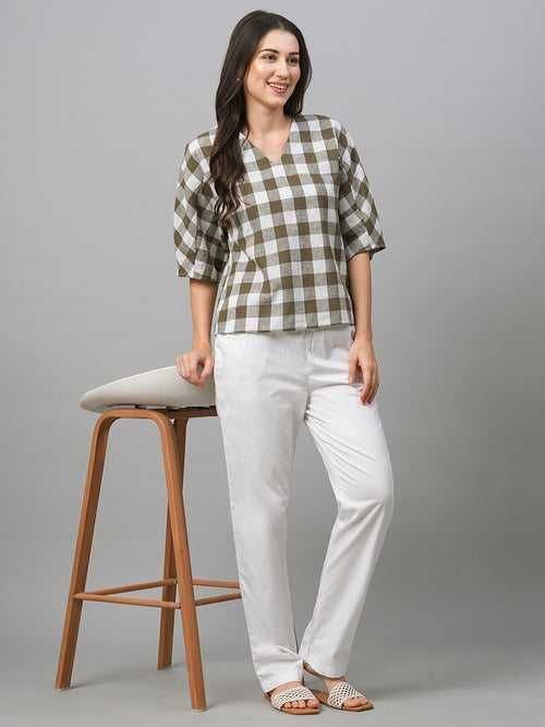 Women's Olive Cotton Linen Regular Fit Blouse