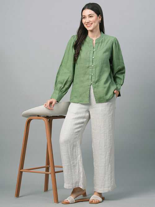 Women's Green Linen Regular Fit Blouse