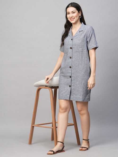 Women's Navy Cotton Linen Regular Fit Dress