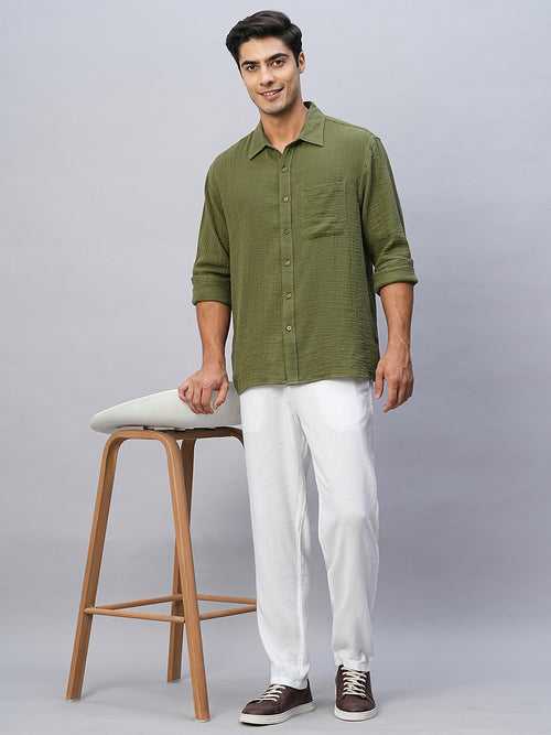 Men's Olive Cotton Regular Fit Shirt