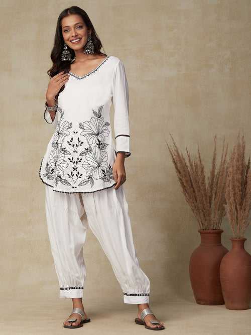 Solid Resham Embroidered Lace Embellished A-Line Kurta with Salwar - White