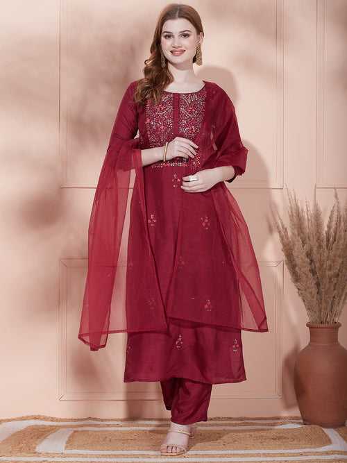 Solid Floral Hand Embroidered Straight Fit Kurta with Pant & Dupatta - Maroon