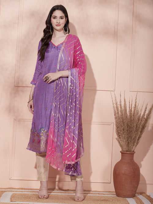 Solid Ethnic Woven Straight Fit Kurta with Chevron Dupatta - Purple