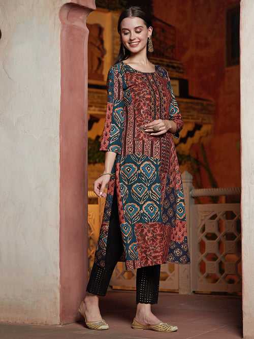 Abstract Foil Printed Mirror & Resham Embroidered Stone Studded Kurta - Brown