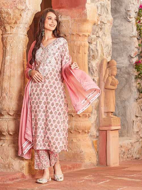 Floral Printed Resham & Sequins Embroidered Kurta with Pants & Dupatta - Pink
