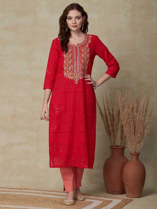 Solid Resham, Sequins, Zari & Mirror Embroidered Kurta - Red