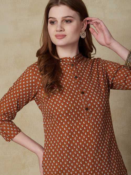 Woven Striped Ethnic Printed Wooden Buttoned Kurta - Rust Brown