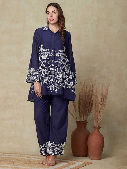 Solid Resham Embroidered A-line Kurti with Palazzo Pants Indo-Western Co-ord Set - Blue