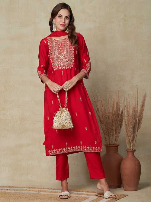 Solid Mirror, Resham & Sequins Embroidered Kurta with Pants & Khari Print Dupatta - Red