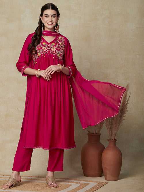 Solid Resham & Beads Embroidered Pleated High Slit Kurta with Pants & Dupatta - Pink