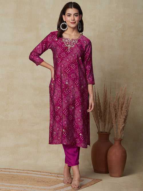 Ethnic & Floral Printed Gotapatti Embroidered Kurta with Pants - Pink
