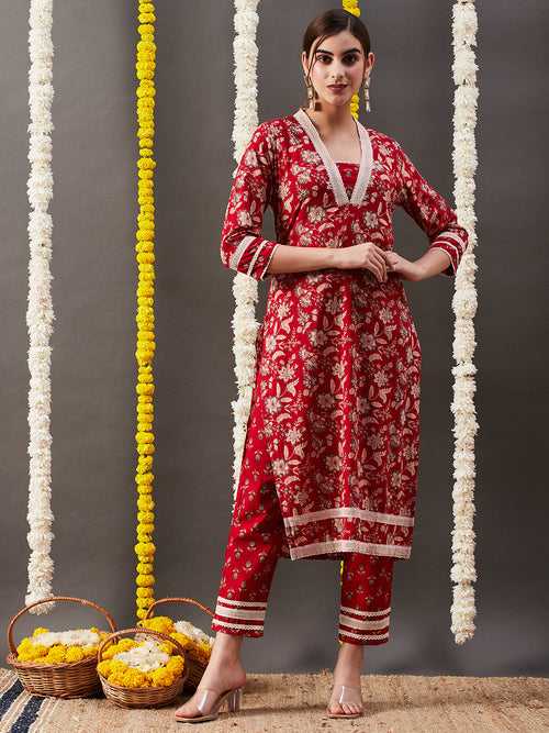 Floral Block Printed Beads & Crochet Lace Embellished Kurta with Pants - Red