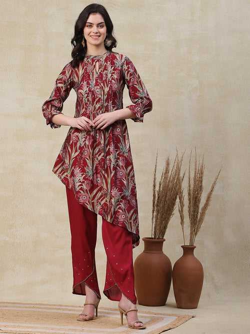 Abstract Printed & Embroidered A-Line High - Low Kurta with Pant - Maroon