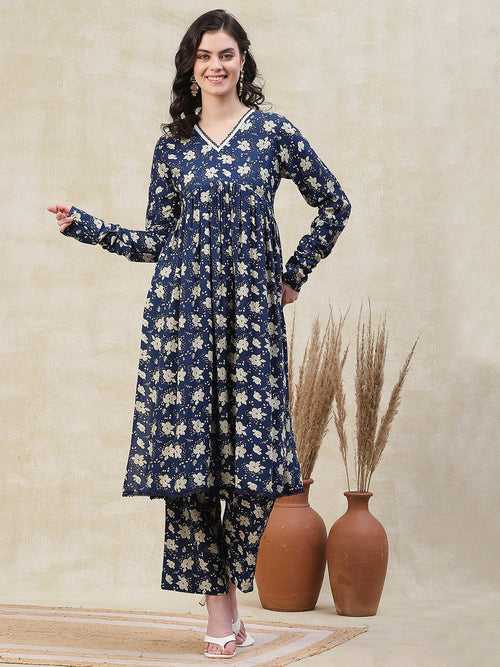 Floral Printed A-Line Pleated Kurta with Palazzo - Blue
