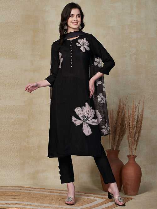 Solid Sequins, Beads & Applique Embroidered Kurta with Pants & Dupatta - Black