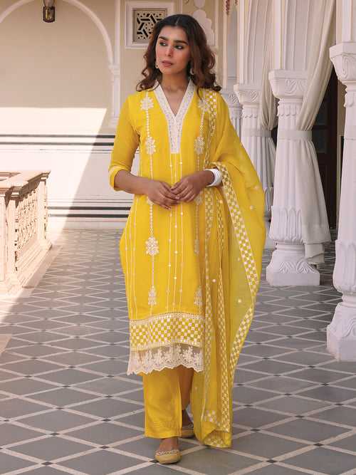 Solid Mirror & Resham Embroidered Kurta with Pants & Dupatta - Yellow