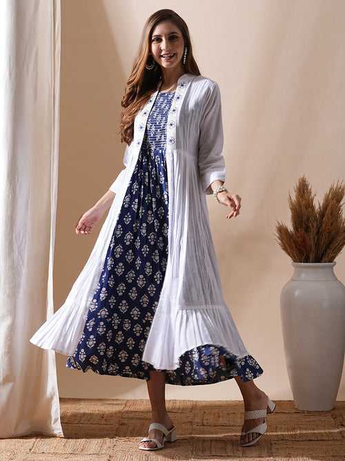 Floral Printed Smocked Dress with Resham Embroidered Long Jacket - Blue & White