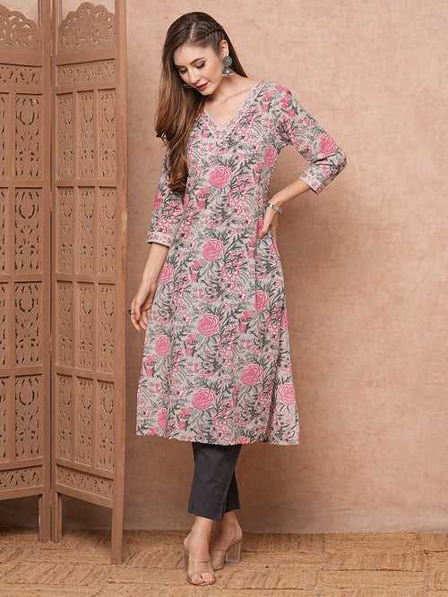 Floral Printed Mirror & Resham Embroidered Kurta - Grey & Pink