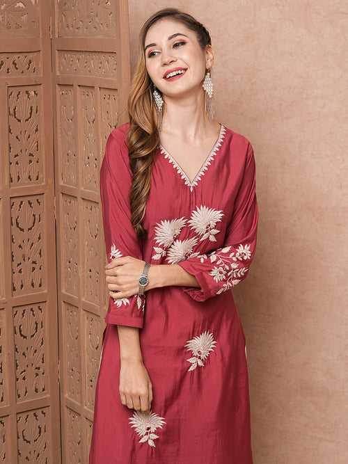 Solid Mirror & Resham Embroidered Kurta - Rust Red