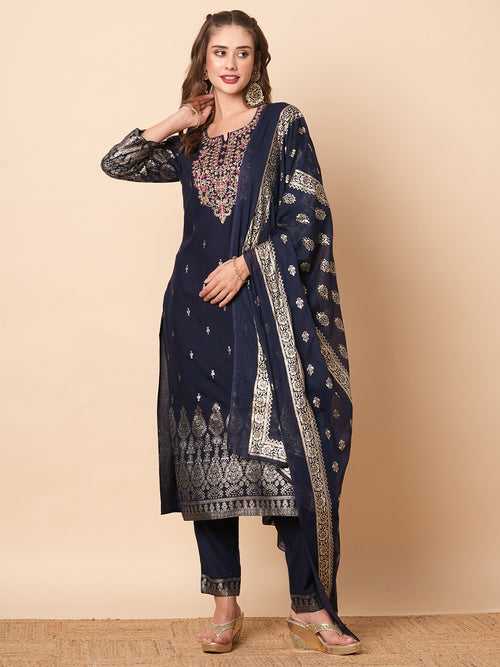 Floral Khari Printed Zari & Sequins Embroidered Kurta with Pants & Dupatta - Navy Blue