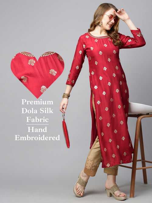 Ethnic Hand Embroidered Straight Fit Kurta - Red