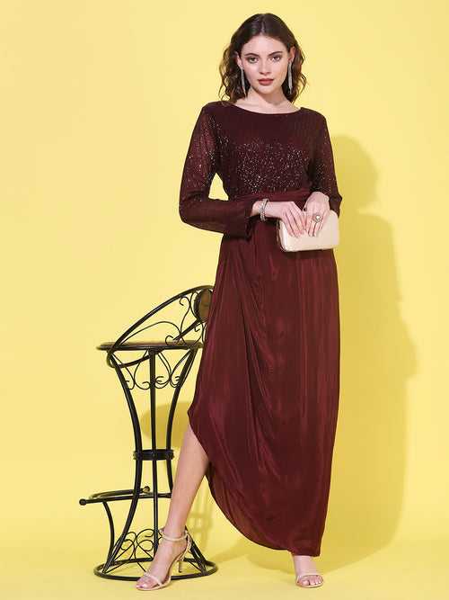 Solid Sequin Embroidered Cowl Midi Dress - Burgundy