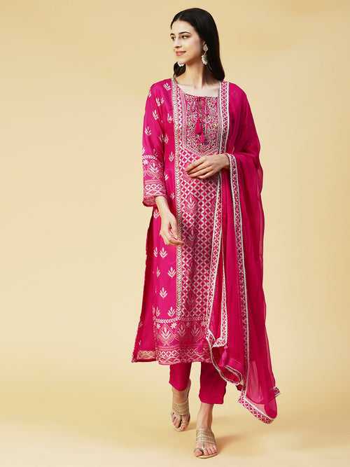 Ethnic Printed Gotapatti Embroidered Kurta With Pants & Dupatta - Pink