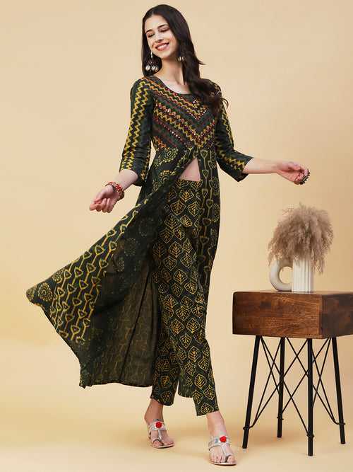 Batik & Block Printed Mirror Embroidered Front Slit Kurta With Pants - Green