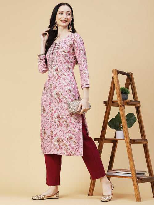 Floral Foil Printed Resham & Sequins Embroidered Kurta - Pink