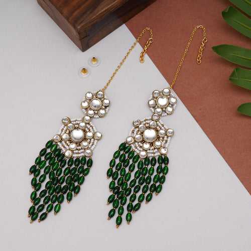 Gold Tone Green Dangling Beads Kundan Kanauti Earrings
