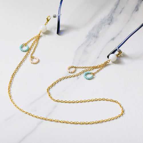 Golden Chain With White & Blue Beads Ring Spectacles/Air Pods Chain