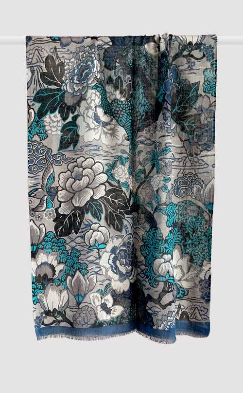 Silver Blooms Wool Printed Stole