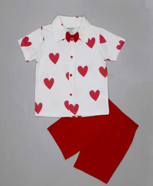 Boys Heart Print Half Sleeves Shirt & Shorts Set With Bow Tie