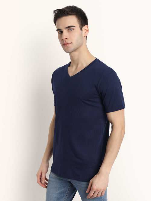 Navy Blue Half Sleeves V Neck T-Shirt