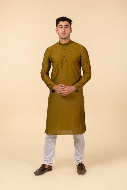 Olive Self Woven with Flower Design Kurta