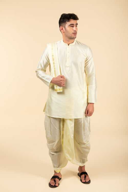 Cream Art Silk Kurta With Dhoti & Dupatta Set