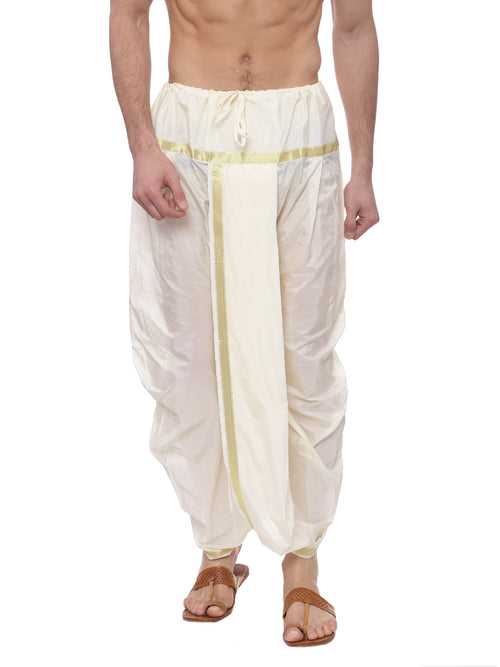 Cream Colored Solid Art Silk Stitched Dhoti Pants With Shawl