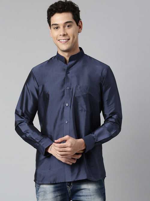 Navy Blue Color Art Silk Slim Fit Solid Party Shirt