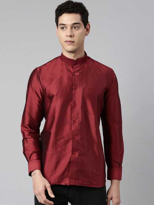 Maroon Color Art Silk Slim Fit Solid Party Shirt