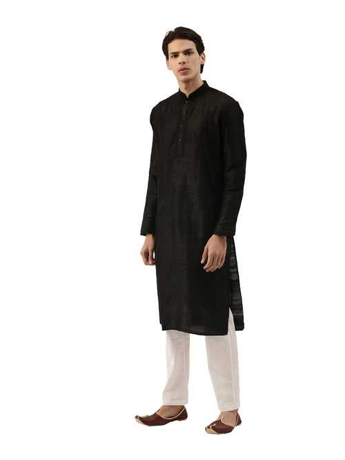 Black Pure Raw Silk Solid Long Kurta