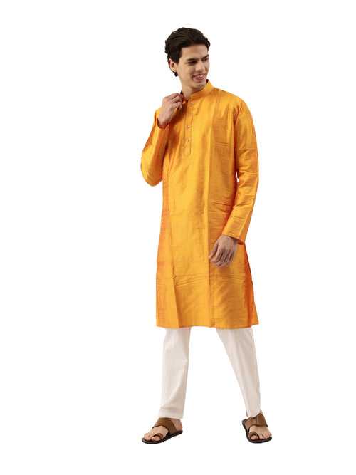 Yellow Pure Raw Silk Long Solid Kurta