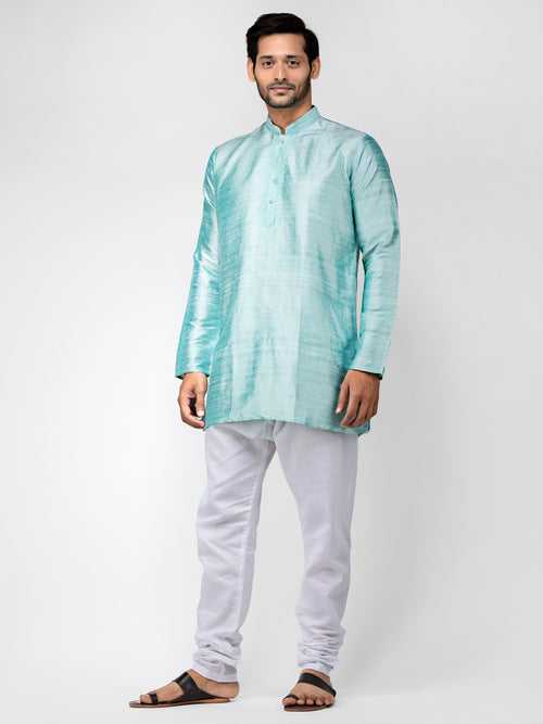 Turquoise Pure Raw Silk Kurta With Pyjamas