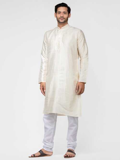 Cream Colored Pure Raw Silk Long Solid Kurta