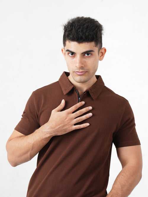 Monkstory Bamboo Cotton Zip-Polo Tee - Pine Brown