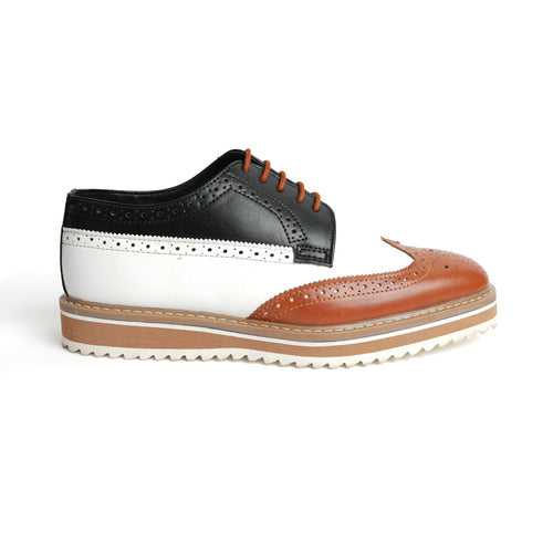 Monkstory Tricolour Brogues - Tan, Black & White